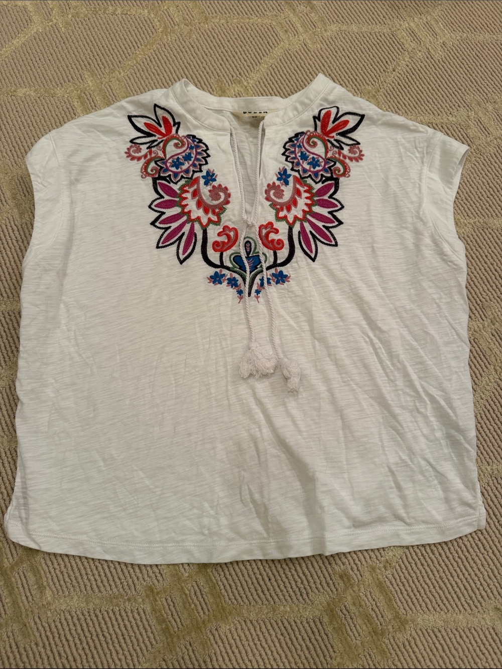 Biden White Embroidered Tassel Neck Women's Top 4